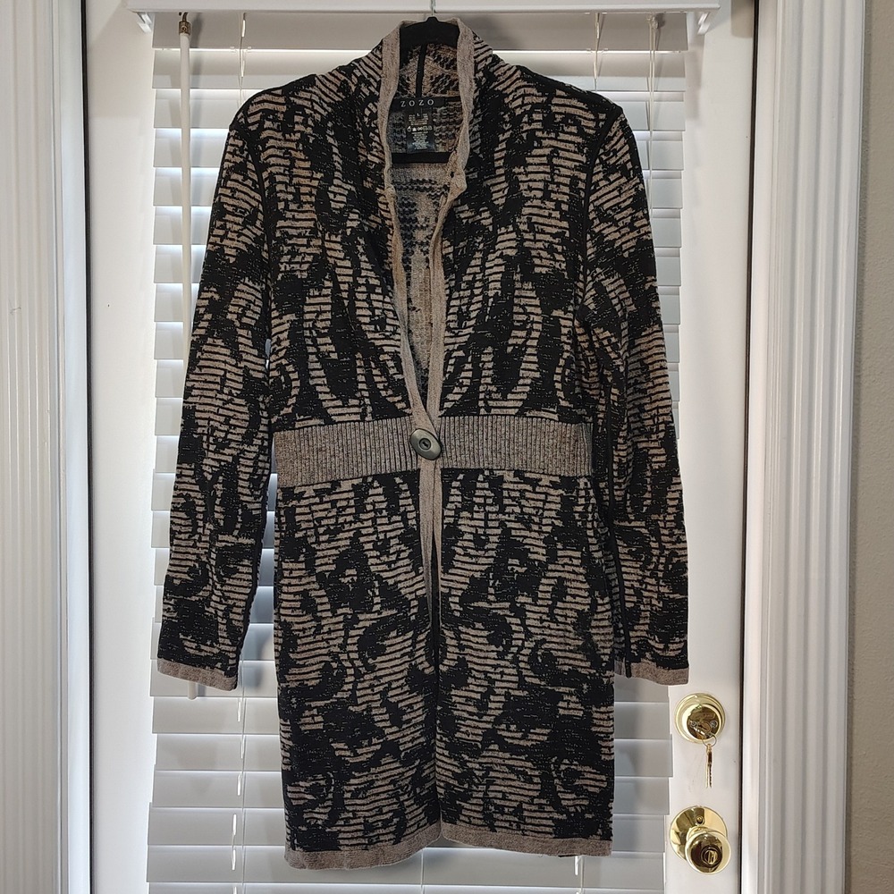 Boho Jacquard Knit Cardigan Women L Artsy Lagenlook Modern Chic Eclectic Artsy
